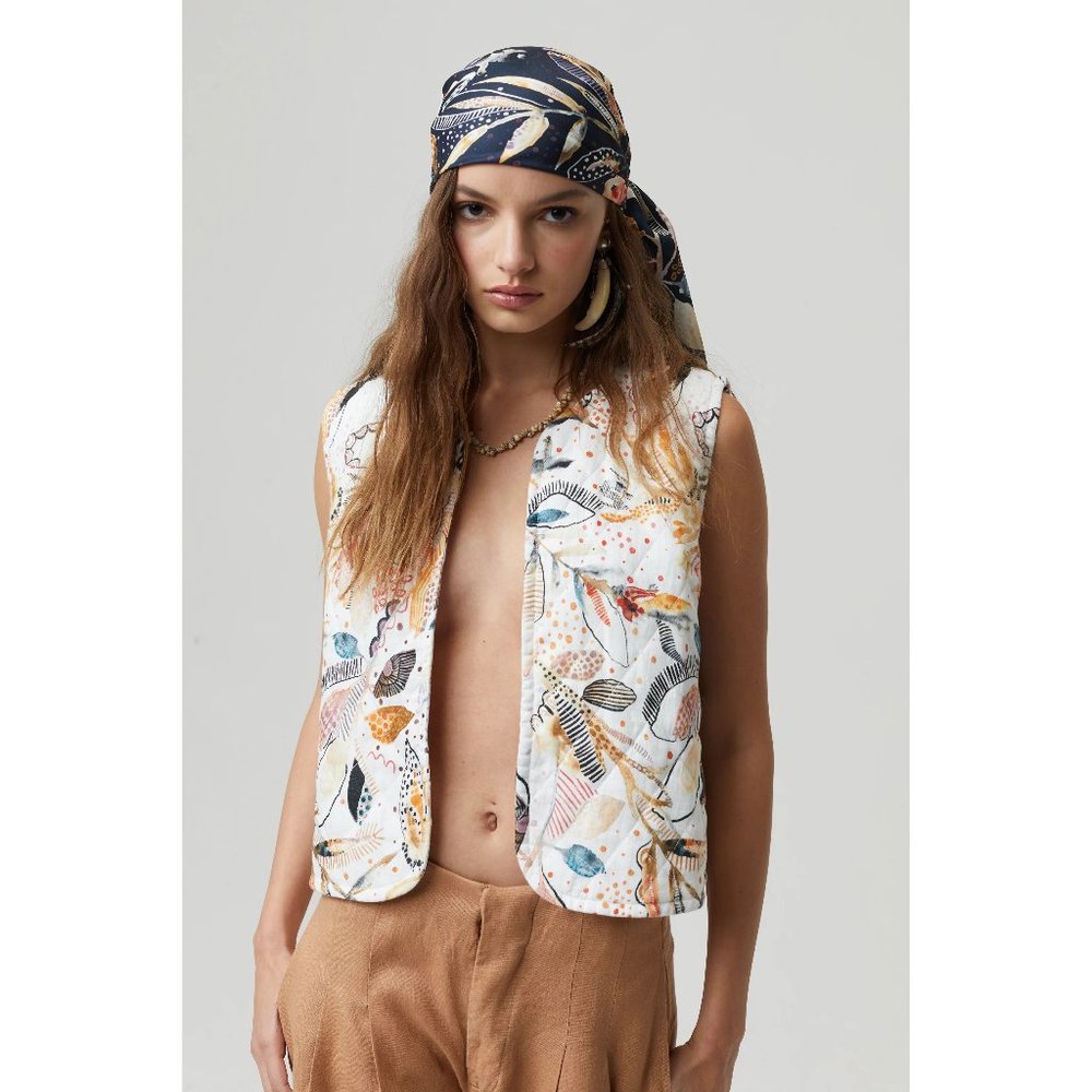 NWT Lanhtropy Day Forest foliage print quilted organic linen Sumac Vest